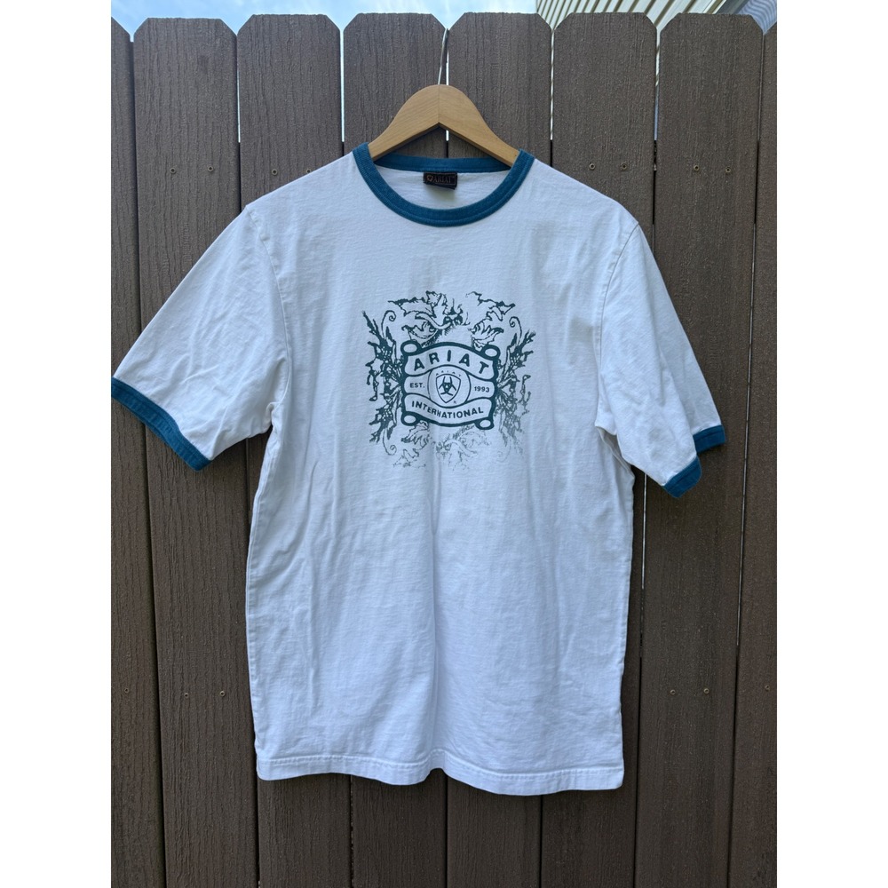 Ariat International Mens Ringer‎ T-Shirt White Teal Graphic Logo Medium